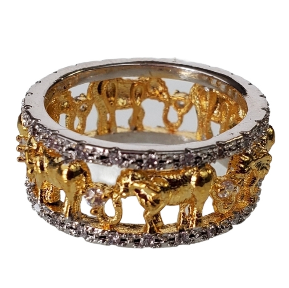 Elephants Boho Band Ring Size 9 Gold Cubic Zirconia *